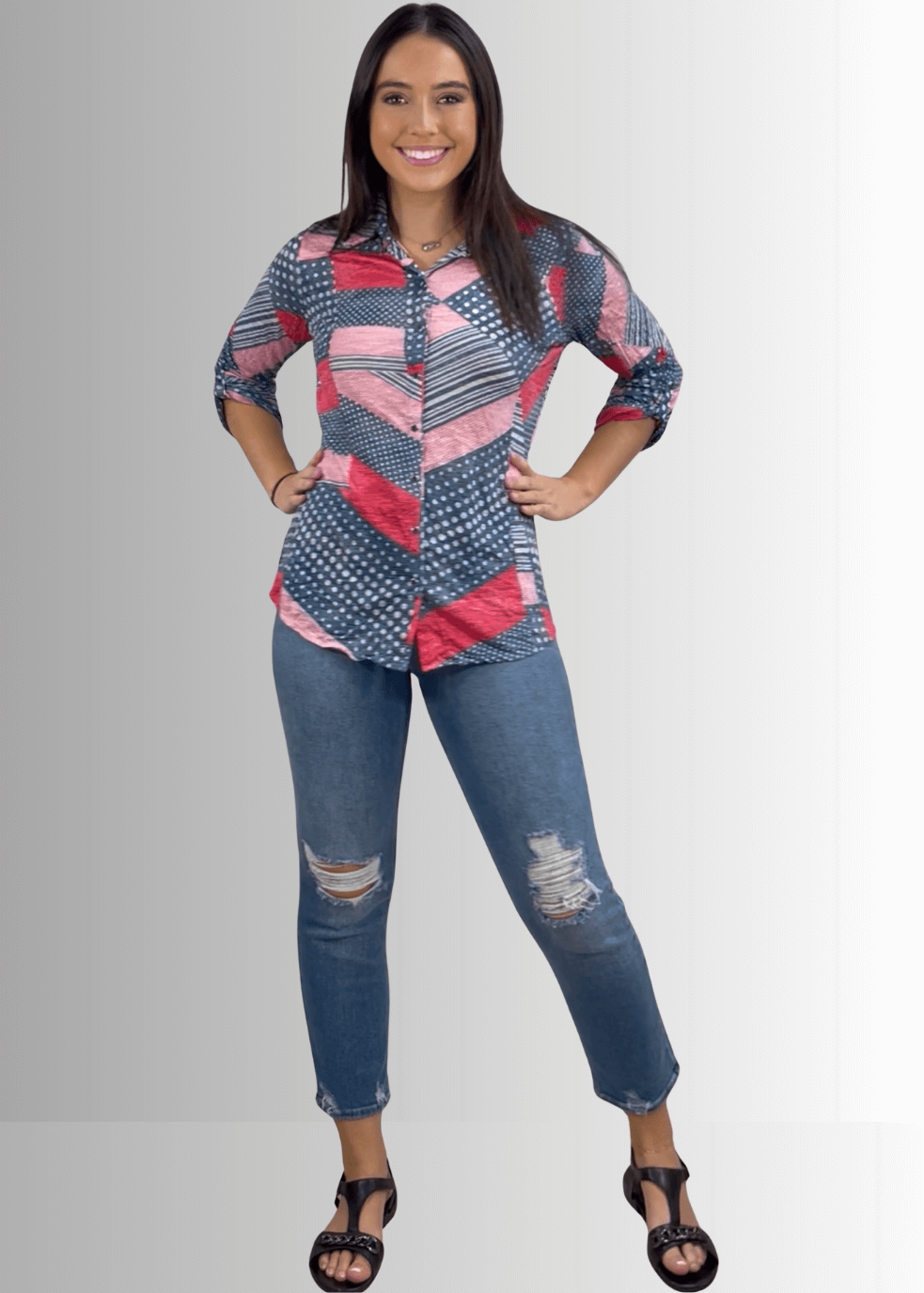 David Cline Patriotic Red, White &amp; Blue Snap Down Crushed Texture Collared Shirt | Made in USA | Classy Cozy Cool Women&