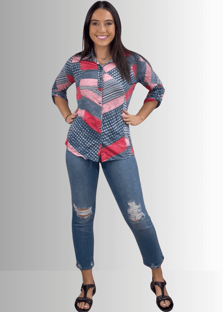 David Cline Patriotic Red, White &amp; Blue Snap Down Crushed Texture Collared Shirt | Made in USA | Classy Cozy Cool Women&