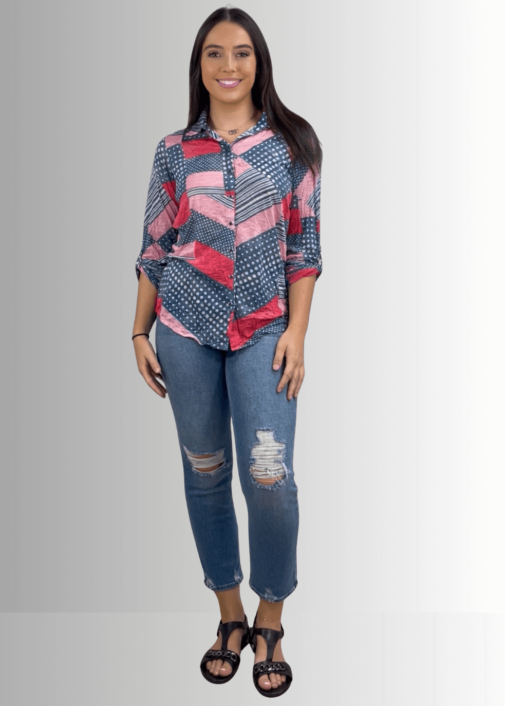 David Cline Patriotic Red, White &amp; Blue Snap Down Crushed Texture Collared Shirt | Made in USA | Classy Cozy Cool Women&