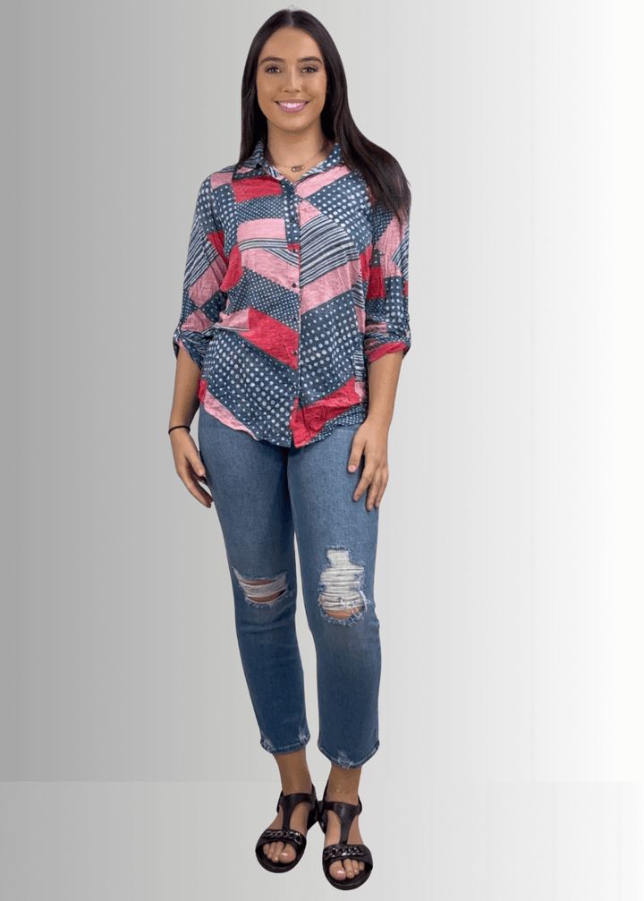 David Cline Patriotic Red, White &amp; Blue Snap Down Crushed Texture Collared Shirt | Made in USA | Classy Cozy Cool Women&