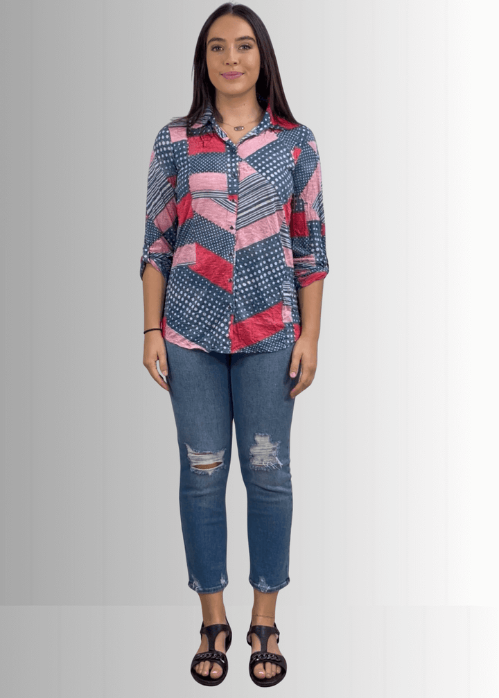 David Cline Patriotic Red, White &amp; Blue Snap Down Crushed Texture Collared Shirt | Made in USA | Classy Cozy Cool Women&