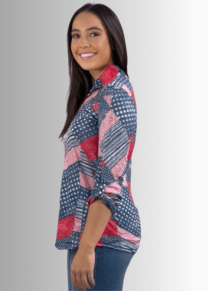 David Cline Patriotic Red, White &amp; Blue Snap Down Crushed Texture Collared Shirt | Made in USA | Classy Cozy Cool Women&