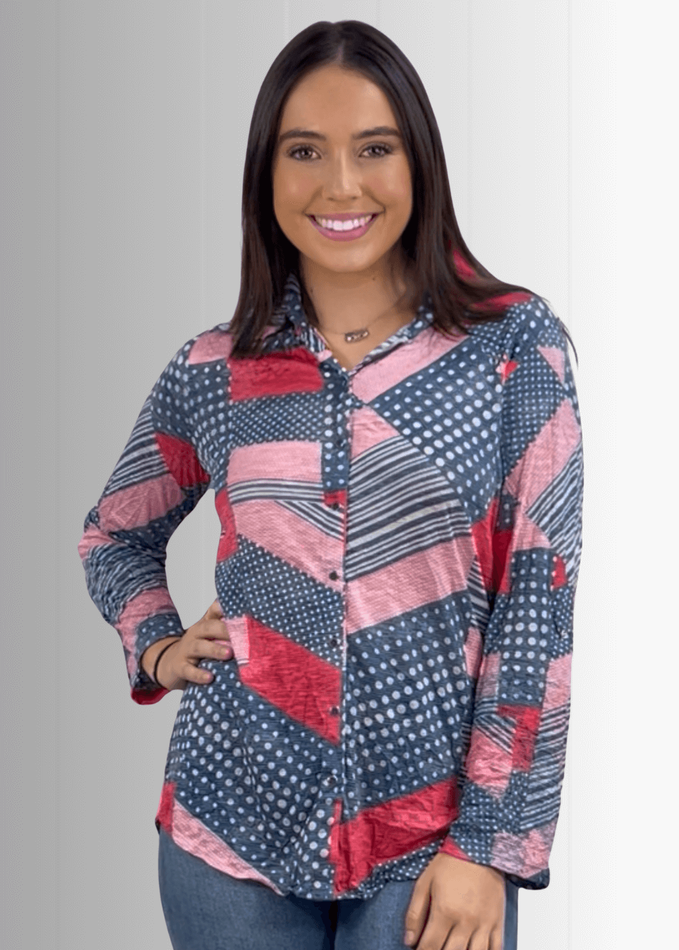 David Cline Patriotic Red, White &amp; Blue Snap Down Crushed Texture Collared Shirt | Made in USA | Classy Cozy Cool Women&
