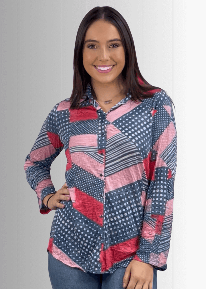 David Cline Patriotic Red, White &amp; Blue Snap Down Crushed Texture Collared Shirt | Made in USA | Classy Cozy Cool Women&