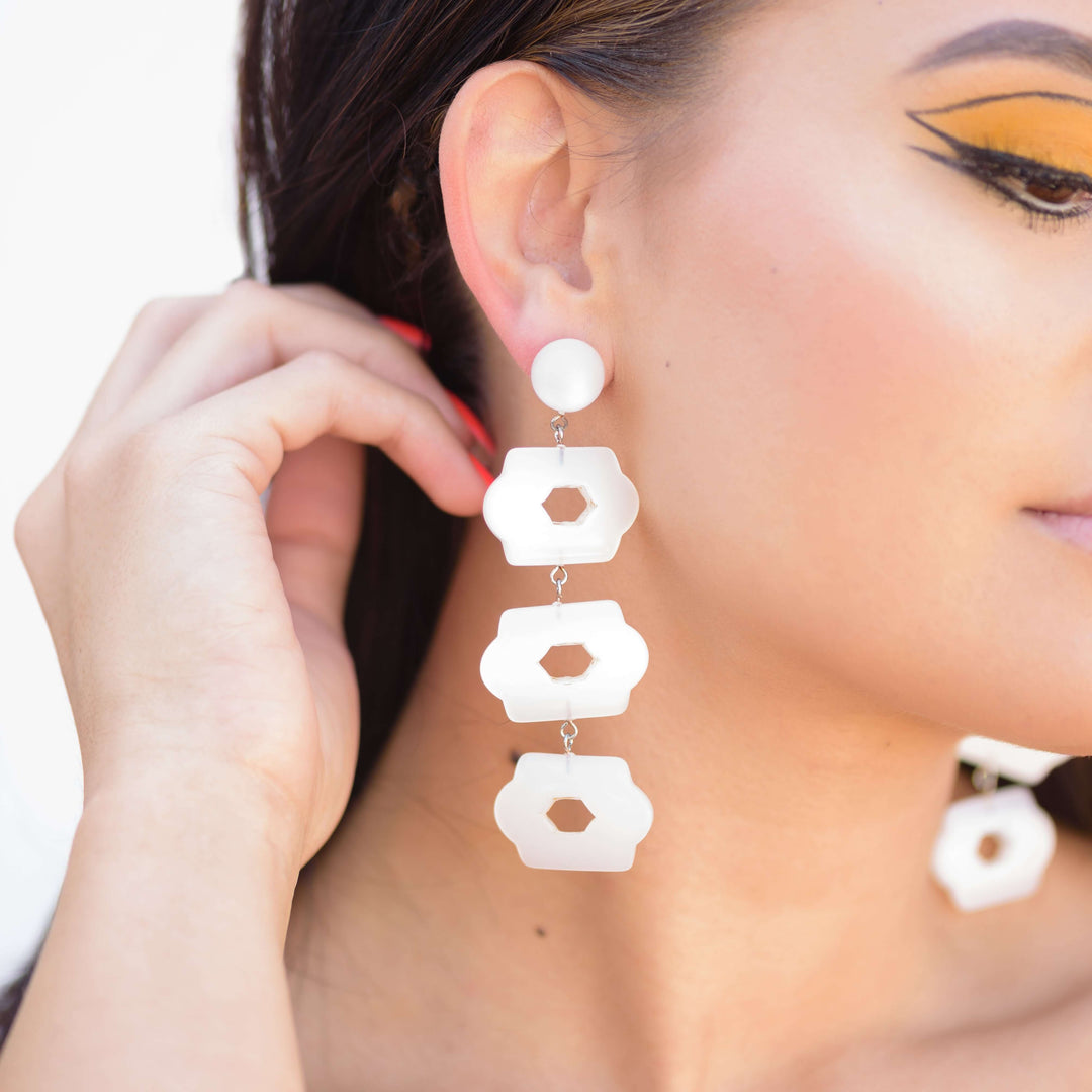 Cascading white moonglow lattice earrings, 3.5" long & featherlight. Vintage 1960s Lucite, surgical steel posts. Handcrafted in the USA. Leetie Lovendale