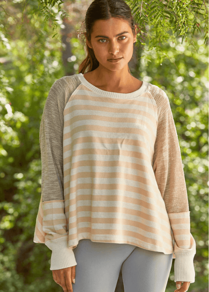 Made in USA for effortless style and comfort, The mixed media contrast with striped detail women&