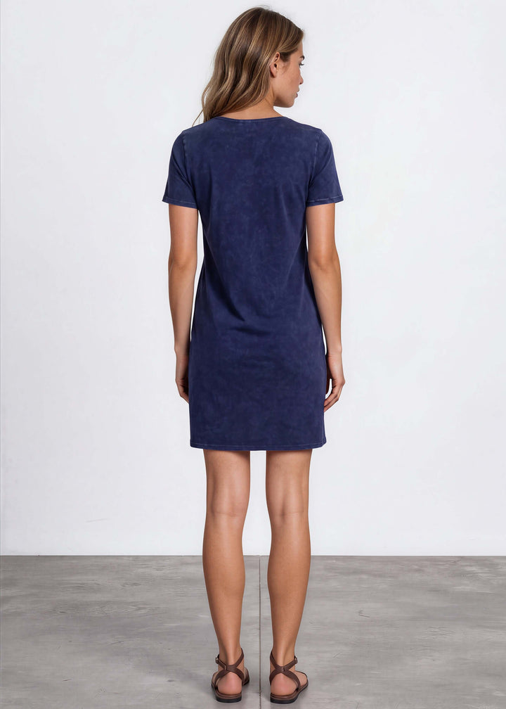 USA Made Ladies Mineral Washed Casual Cotton Short Sleeve Above Knee Length Dress with Pockets | Style