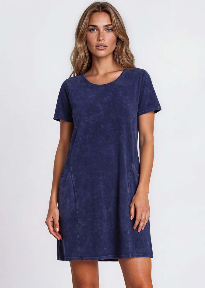 USA Made Ladies Mineral Washed Casual Cotton Short Sleeve Above Knee Length Dress with Pockets | Style