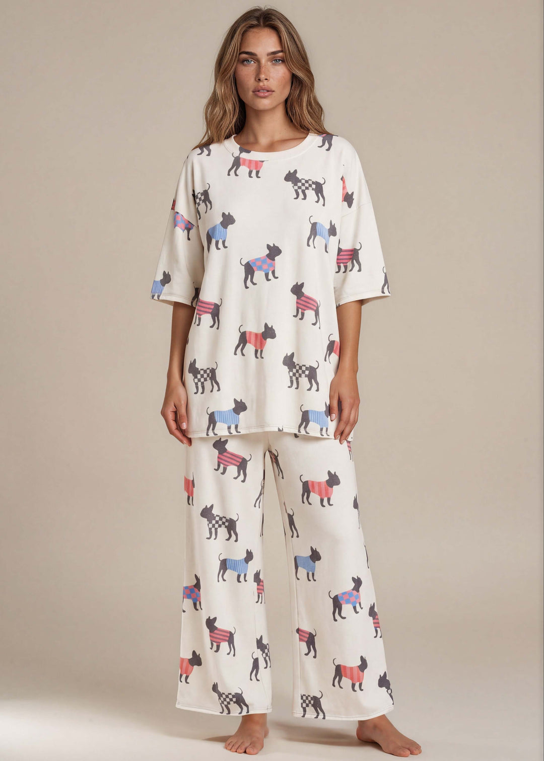 Women's Adorable Dog Print Pajama Set. Oversized top & wide-leg capri pants in a soft stretch knit with French bulldog in sweater print. S–XL. Made in USA. 