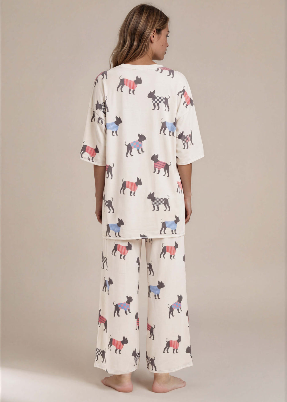 Women's Adorable Dog Print Pajama Set. Oversized top & wide-leg capri pants in a soft stretch knit with French bulldog in sweater print. S–XL. Made in USA. 