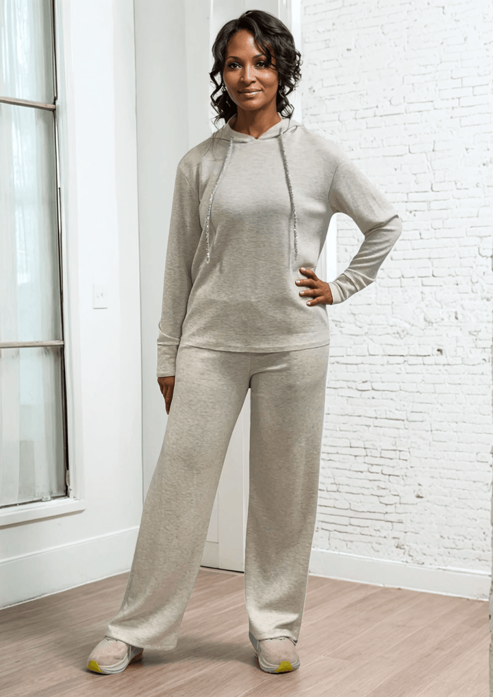 Made in USA Super Soft Relaxed Fit Matching Zip Hoodie and Pant, Material Compares to LuLulemon Scuba Line Wrinkle Resistant Medium Weight Material Feels Ultra Lightweight and Soft Side Pockets in Heather Oatmeal
