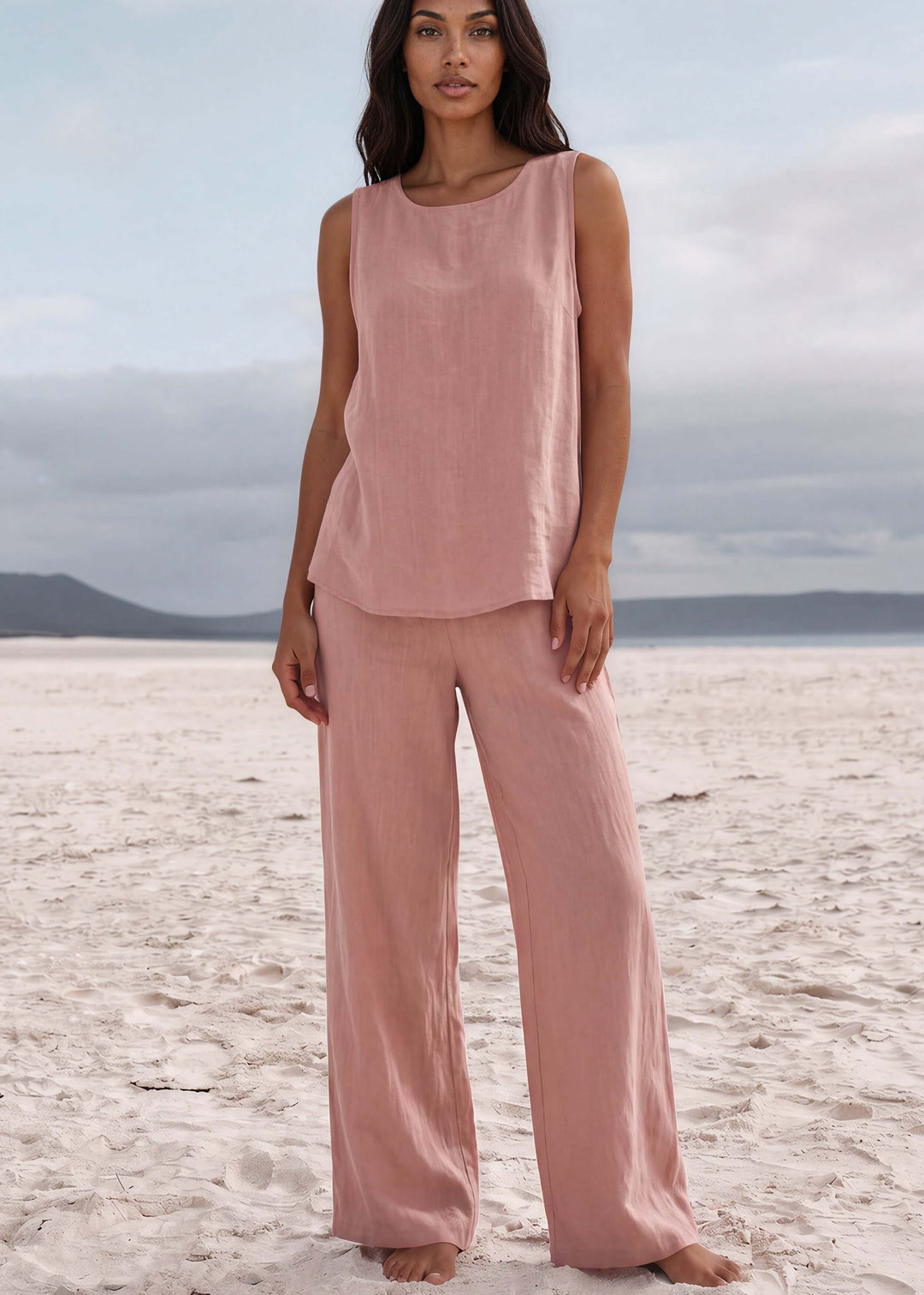 Shop the Paige Palazzo Set in dusty rose. Sleeveless top & wide-leg pants in a soft linen-rayon blend. S–XL. Hand wash. Made in USA. Free shipping may apply.