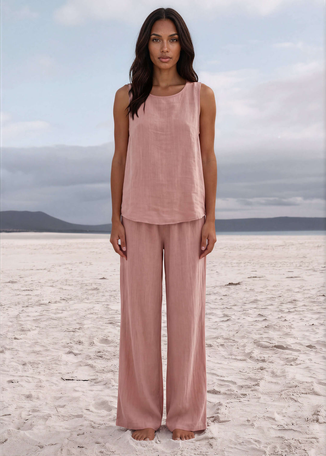 Shop the Paige Palazzo Set in dusty rose. Sleeveless top &amp; wide-leg pants in a soft linen-rayon blend. S–XL. Hand wash. Made in USA. Free shipping may apply.