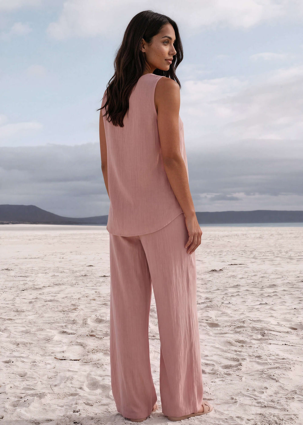 Shop the Paige Palazzo Set in dusty rose. Sleeveless top & wide-leg pants in a soft linen-rayon blend. S–XL. Hand wash. Made in USA. Free shipping may apply.