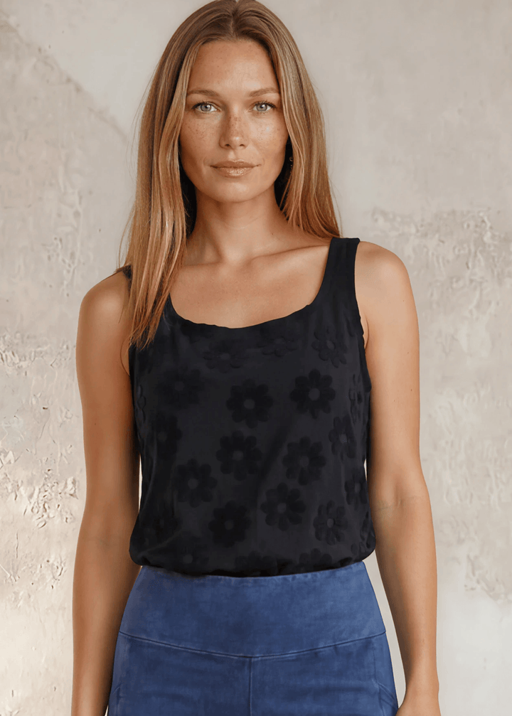 soft, stretchy Daisy Embossed Tank Top in Black, made in the USA. Fitted silhouette, square-round neckline, raised floral texture. S–XL