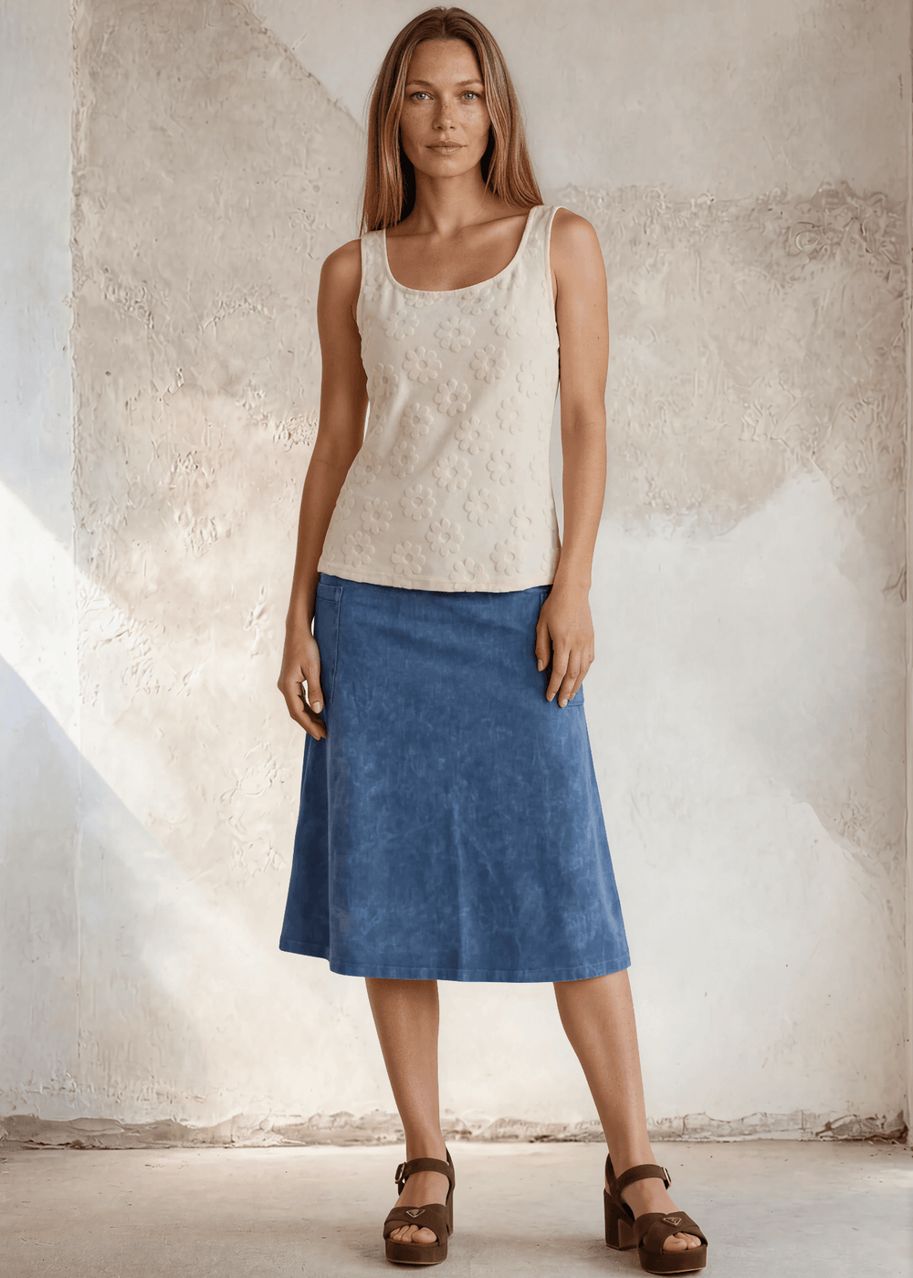 Made in USA Women's Soft Textured Daisy Embossed Detail Tank Top With Square Round Neckline in Cream | Classy Cozy Cool Made in America Boutique