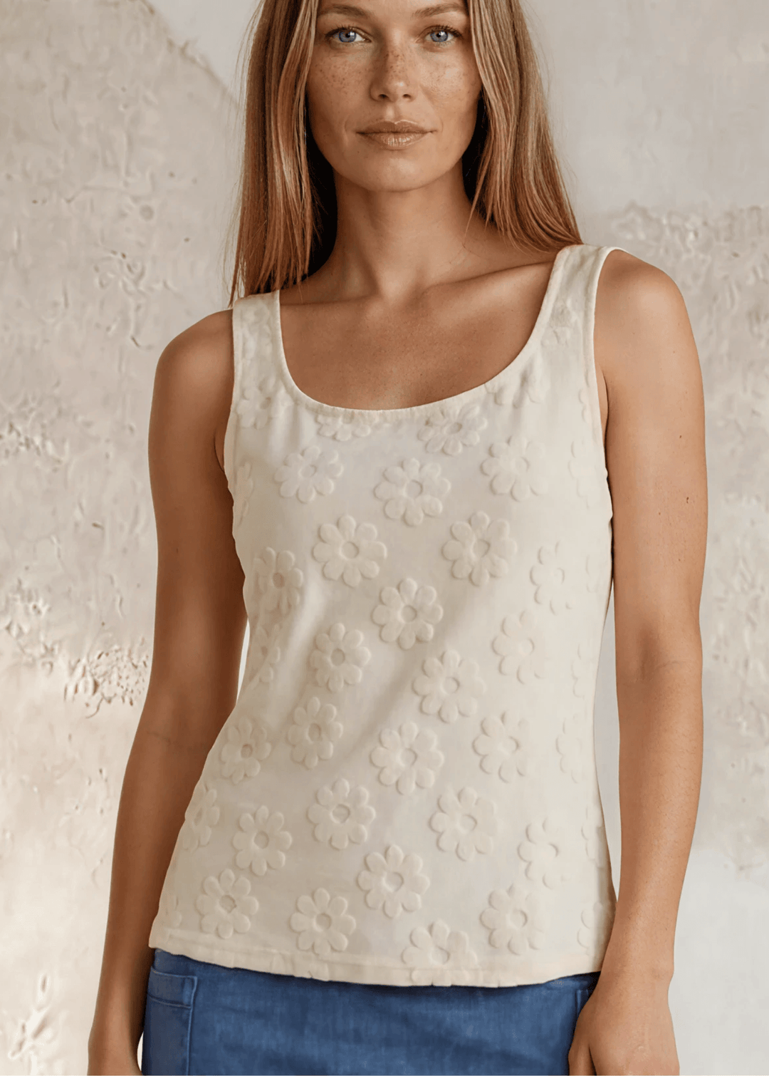 Made in USA Women's Soft Textured Daisy Embossed Detail Tank Top With Square Round Neckline in Cream | Classy Cozy Cool Made in America Boutique