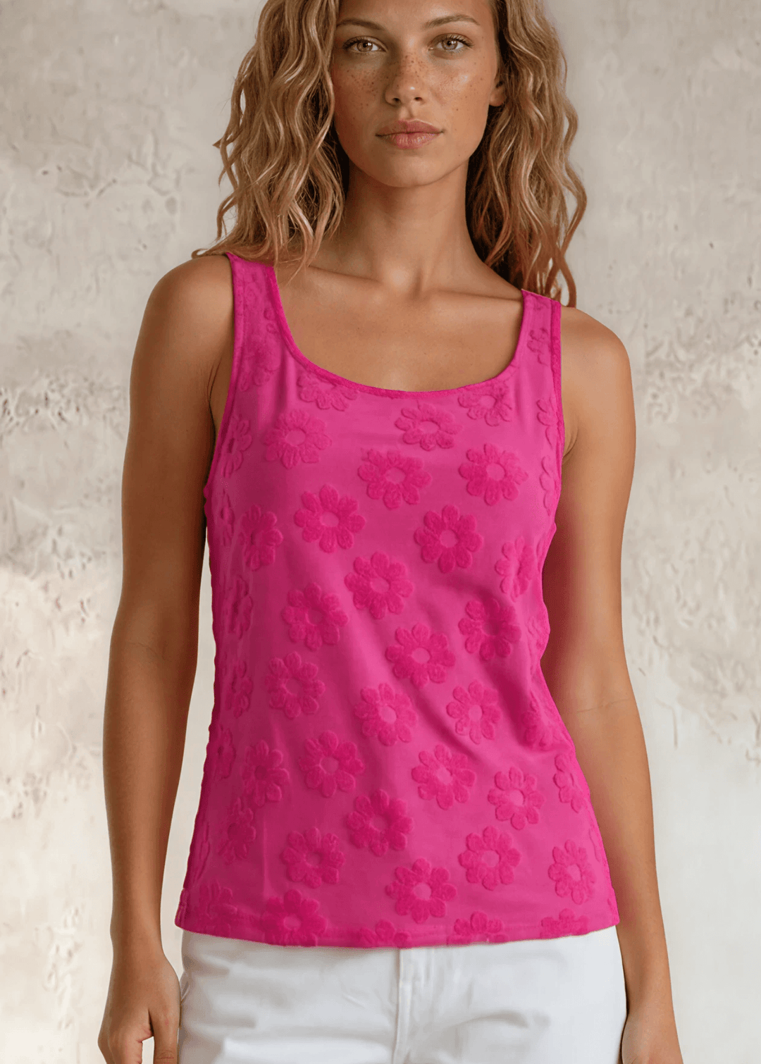 soft, stretchy Daisy Embossed Tank Top in Fuchsia, made in the USA. Fitted silhouette, square-round neckline, raised floral texture. S–XL
