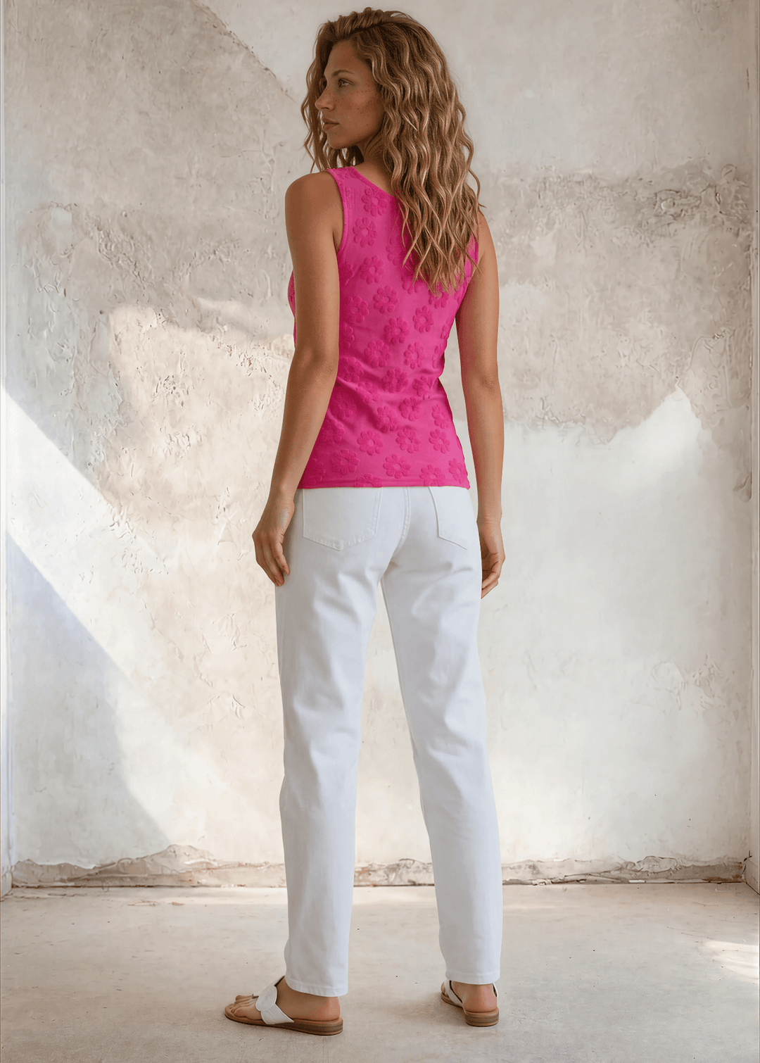 soft, stretchy Daisy Embossed Tank Top in Fuchsia, made in the USA. Fitted silhouette, square-round neckline, raised floral texture. S–XL