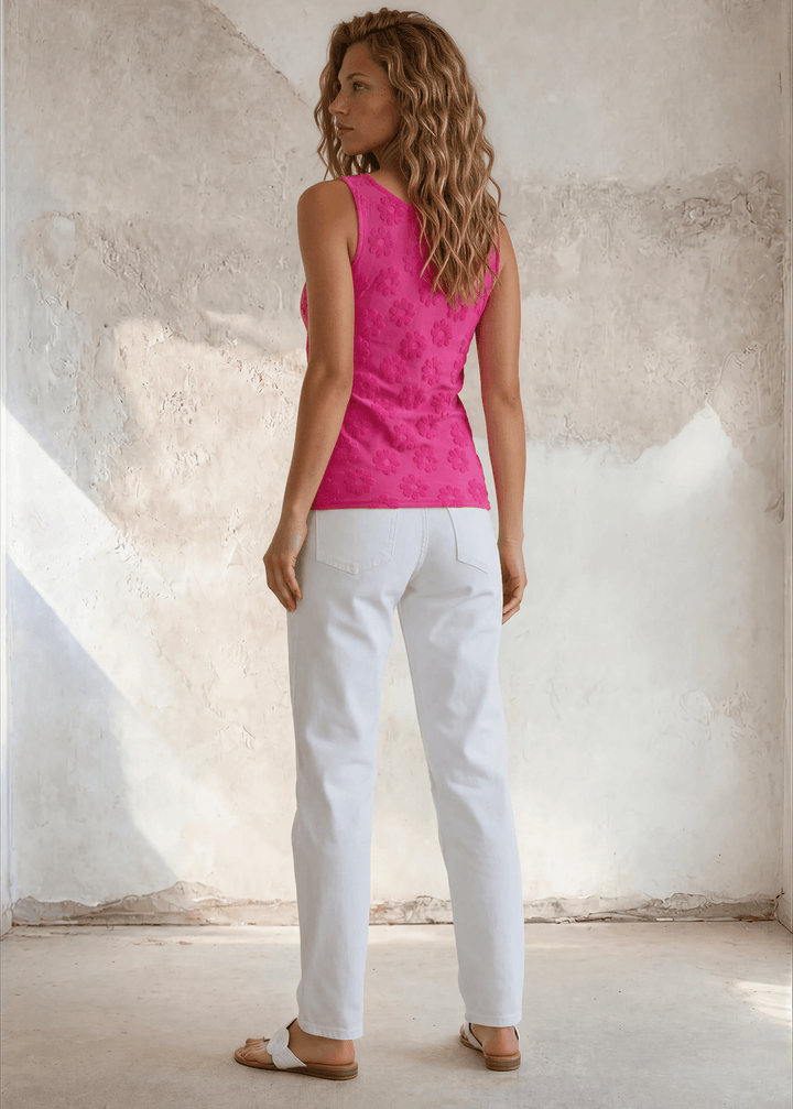 soft, stretchy Daisy Embossed Tank Top in Fuchsia, made in the USA. Fitted silhouette, square-round neckline, raised floral texture. S–XL