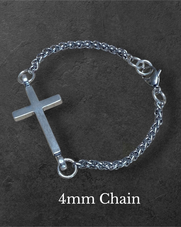 Handcrafted solid sterling silver cross bracelet on a 4mm or 8mm stainless steel wheat chain. Unisex. Made in USA with a lifetime warranty
