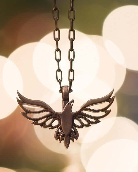 Handcrafted solid bronze eagle necklace on a 20 or 24 inch antique bronze chain. Made in USA with a lifetime warranty.