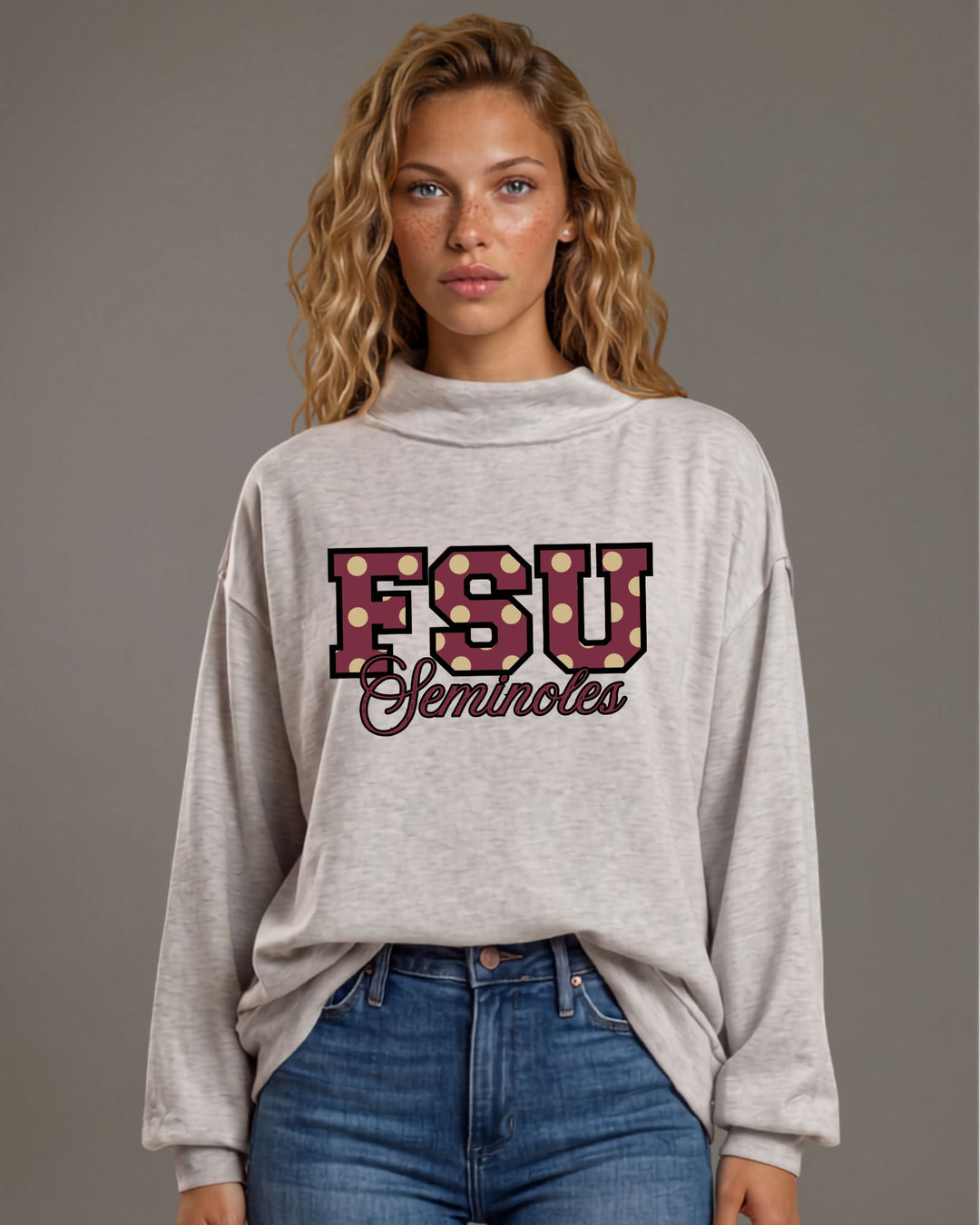 FSU Seminoles gameday polka dot graphic mock neck sweatshirt in heather grey. Oversized, super soft, made in USA. Perfect gameday top. Sizes S–L.