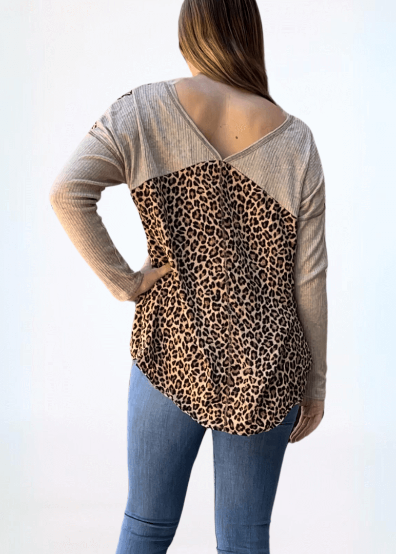 Made in USA Women's Double V-Neck Animal Print Contrast Long Sleeve Oversized Top with Knot Twist Tie in Front 