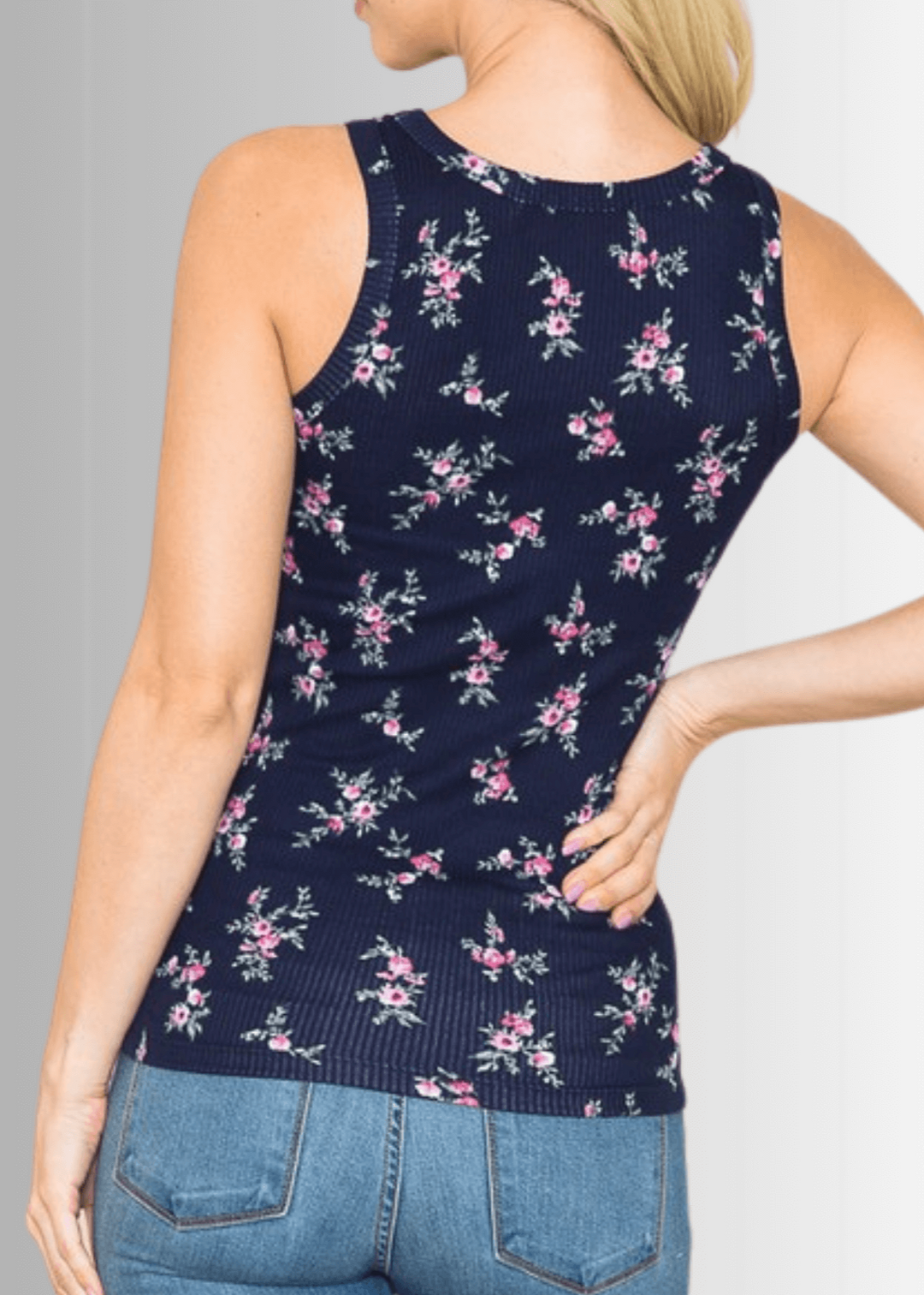 Navy Blue Ladies Floral Print Rib Knit Tank Top | Made in USA | Classy Cozy Cool Women&