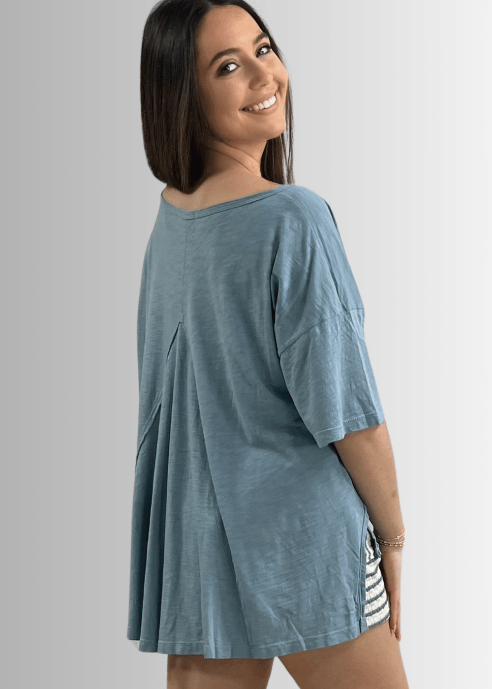 Made in USA, Women's Garment Dyed Solid Slouchy Oversized Tee, 30"s Cotton Slub Material, Color: Light Steel Blue, Wide Round Neck, Back Raw Edge Detail, Side Slit 