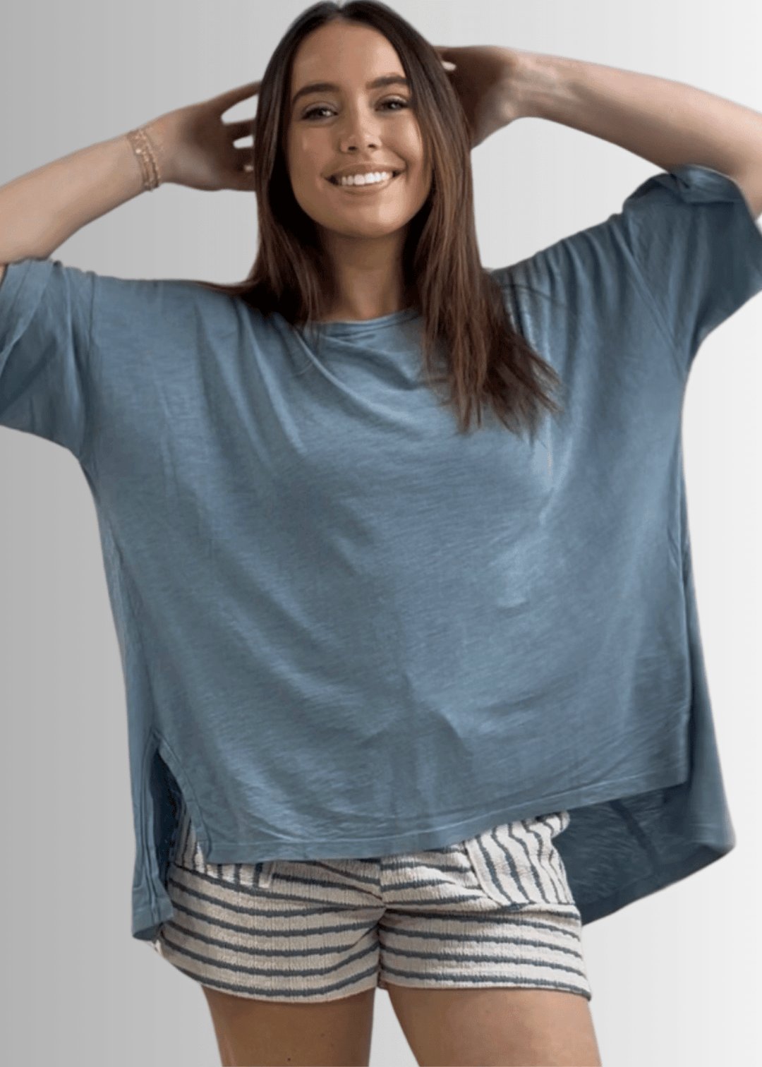 Made in USA, Women's Garment Dyed Solid Slouchy Oversized Tee, 30"s Cotton Slub Material, Color: Light Steel Blue, Wide Round Neck, Back Raw Edge Detail, Side Slit 