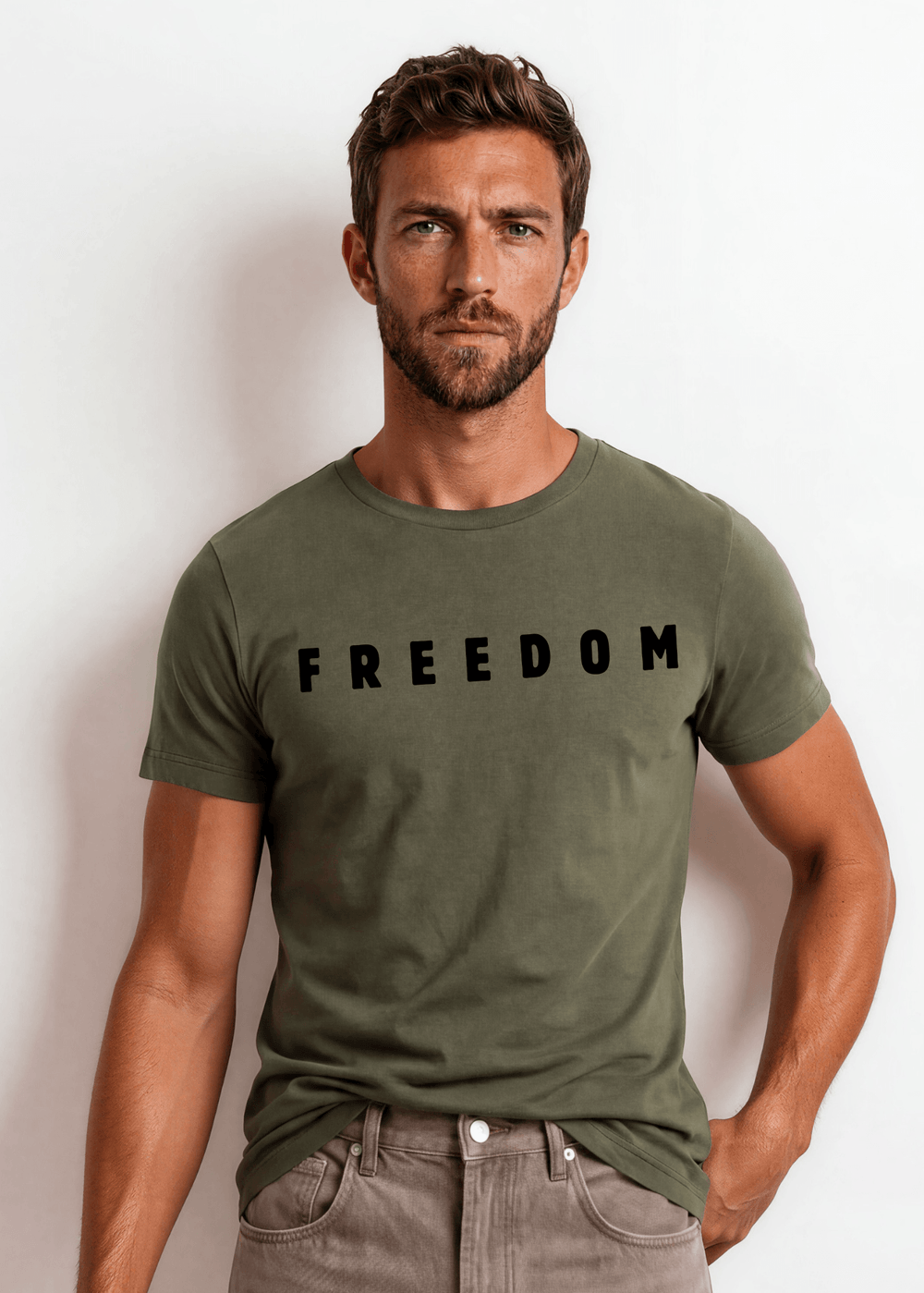 Made in USA Men's FREEDOM Patriotic Cotton T-Shirt, Crew Neck, Short Sleeves, Available in Black, Army Green and Navy