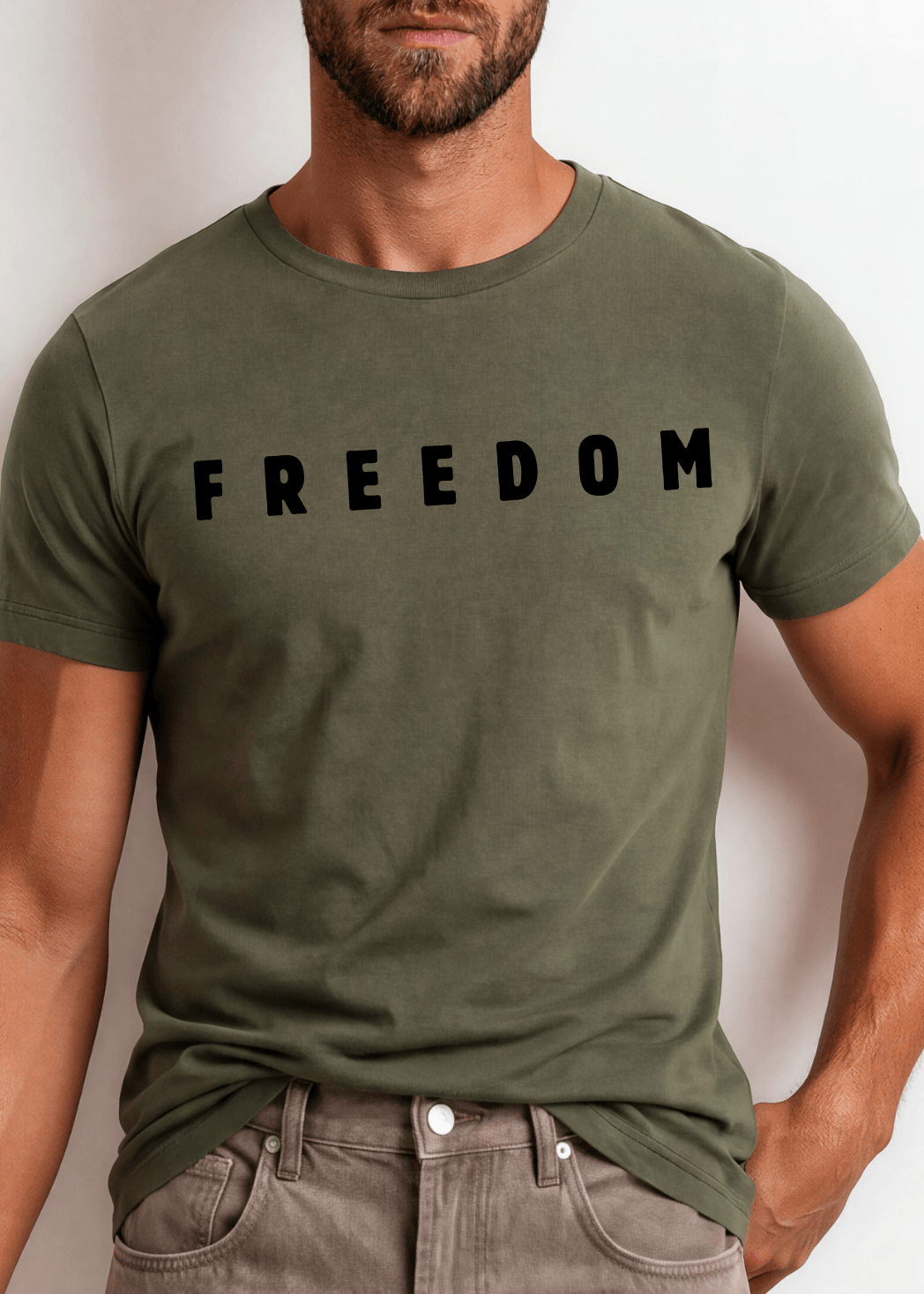 Made in USA Men's FREEDOM Patriotic Cotton T-Shirt, Crew Neck, Short Sleeves, Available in Black, Army Green and Navy