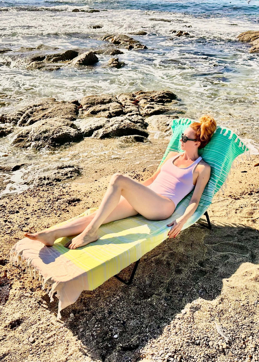 Shop the Beachables Striped 3-in-1 Turkish Cotton Beach Bag – converts from bag to towel to chair cover. Sand-resistant, quick-dry, machine washable. Made in USA.