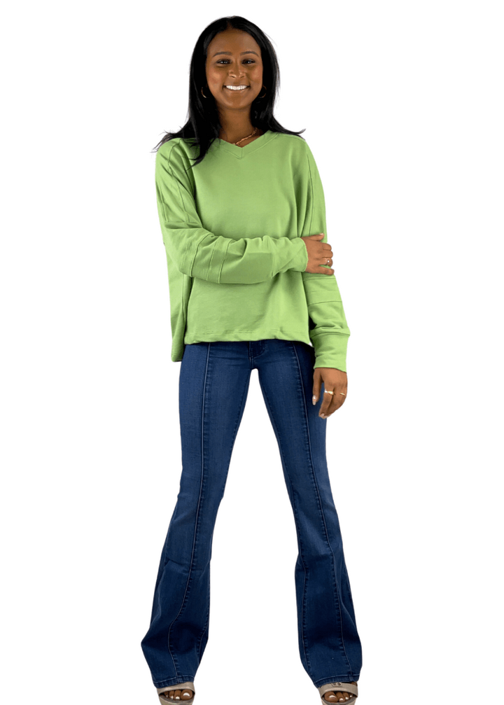 Bucket List Style T2211 | USA Made Ladies Mint Green Oversized Slouchy Soft &amp; Cozy Sweatshirt with V-Neck | Classy Cozy Cool Women&