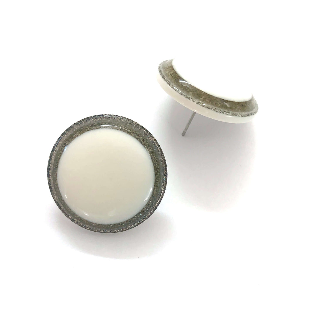 Vintage beveled disc studs in white resin &amp; silver glitter, 24mm. Surgical steel posts, lightweight. 1960s Lucite, handcrafted in the USA.