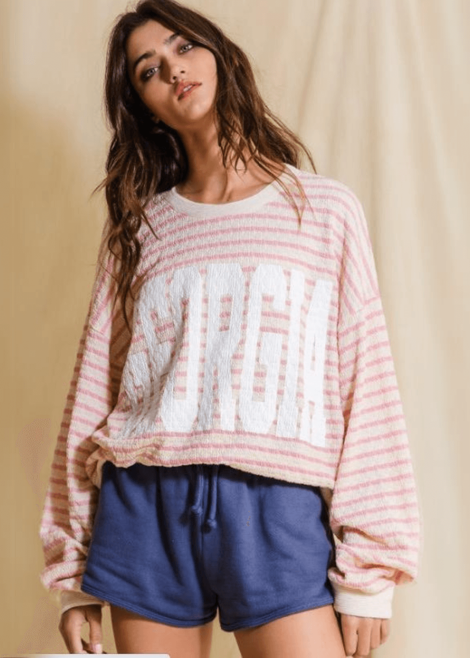 Made in USA Textured "GEORGIA" Graphic Oversized Game Day Textured Sweatshirt with Crew Neck and Long Sleeves in Pink & Cream Stripes | Bucket List Style T1770