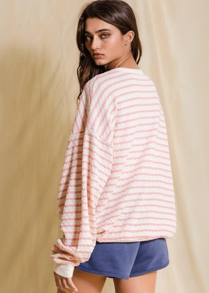 Made in USA Textured "GEORGIA" Graphic Oversized Game Day Textured Sweatshirt with Crew Neck and Long Sleeves in Pink &amp; Cream Stripes | Bucket List Style T1770