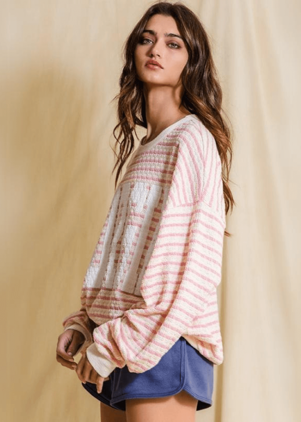 Made in USA Textured "GEORGIA" Graphic Oversized Game Day Textured Sweatshirt with Crew Neck and Long Sleeves in Pink &amp; Cream Stripes | Bucket List Style T1770