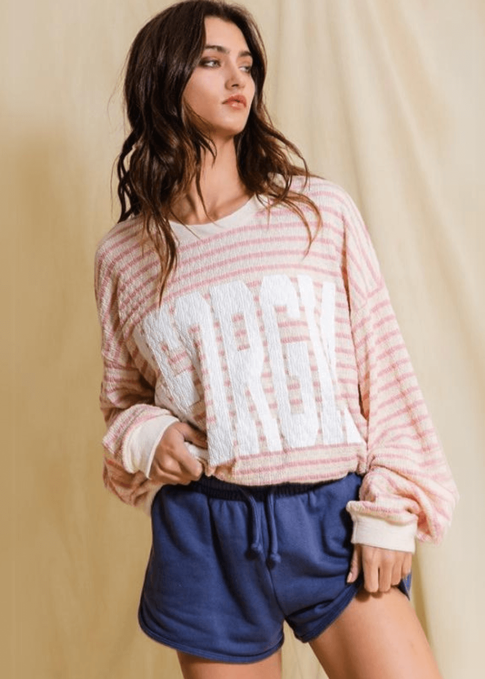 Made in USA Textured "GEORGIA" Graphic Oversized Game Day Textured Sweatshirt with Crew Neck and Long Sleeves in Pink &amp; Cream Stripes | Bucket List Style T1770