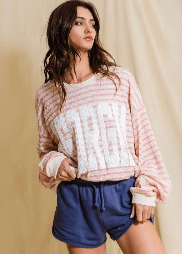 Made in USA Textured "GEORGIA" Graphic Oversized Game Day Textured Sweatshirt with Crew Neck and Long Sleeves in Pink &amp; Cream Stripes | Bucket List Style T1770