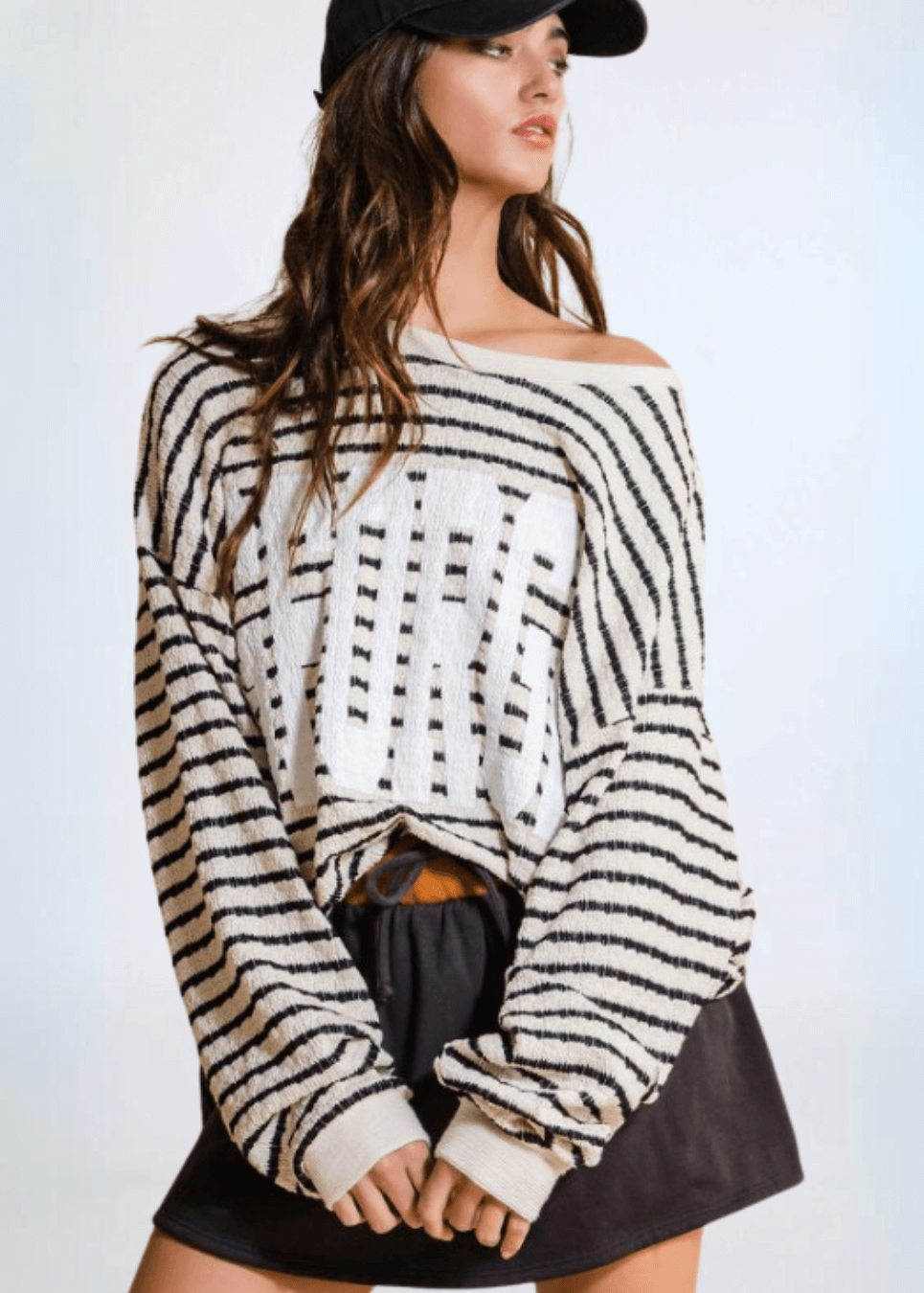Made in USA Textured "GEORGIA" Graphic Oversized Game Day Textured Sweatshirt with Crew Neck and Long Sleeves in Black and Cream Stripes | Bucket List Style T1770