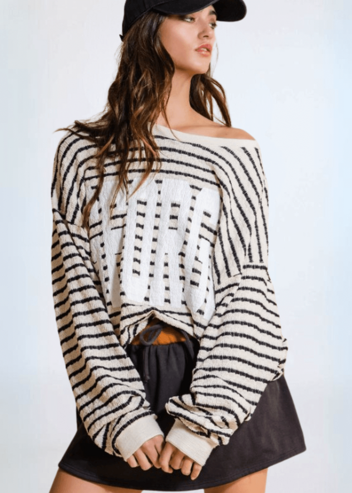 Made in USA Textured "GEORGIA" Graphic Oversized Game Day Textured Sweatshirt with Crew Neck and Long Sleeves in Black and Cream Stripes | Bucket List Style T1770