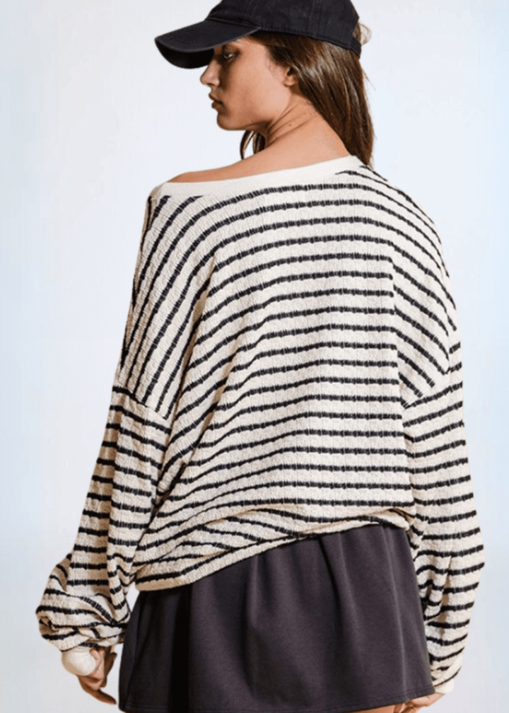 Made in USA Textured "GEORGIA" Graphic Oversized Game Day Textured Sweatshirt with Crew Neck and Long Sleeves in Black and Cream Stripes | Bucket List Style T1770