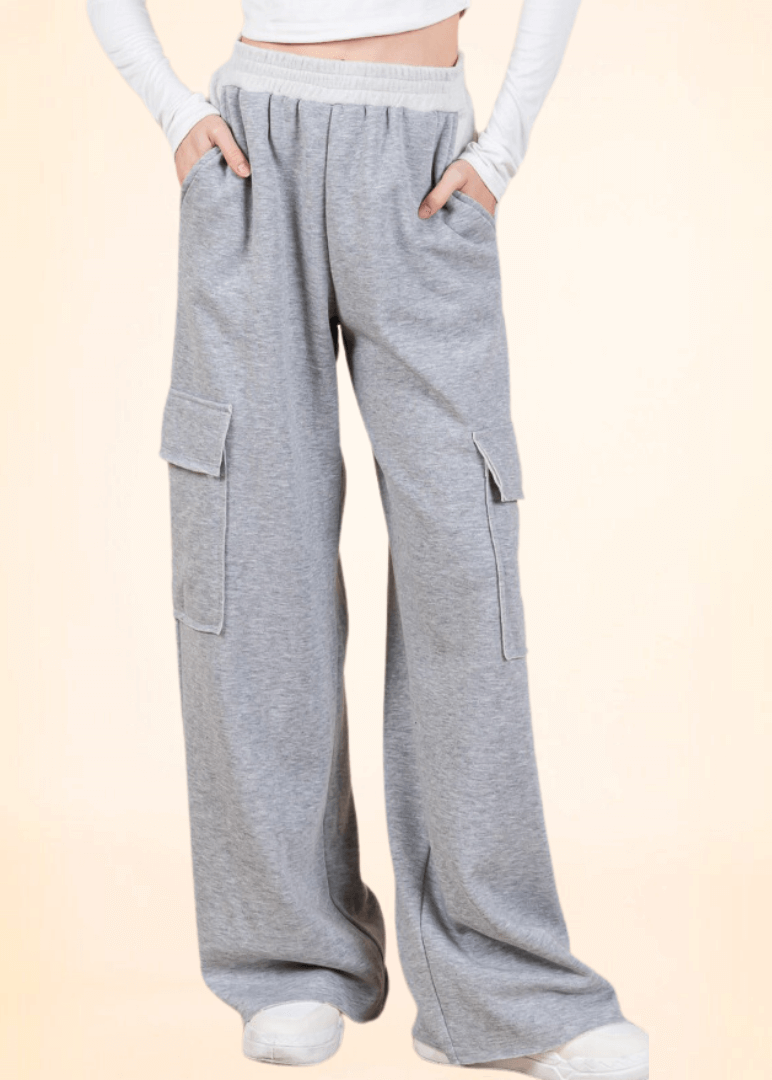 Made in USA Women's French Terry Cargo Sweats Super Soft and Cuddly Cargo Sweat Pants with 4 pockets & Comfortable Thick elastic waist in 2-Tone Grey Baggy Fit 