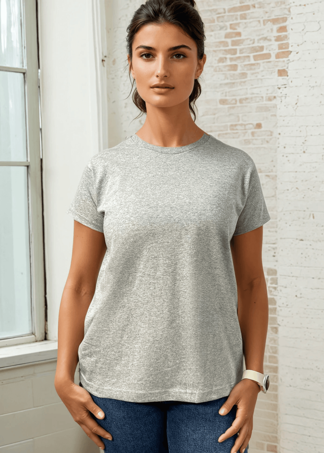 Women's heavyweight 100% cotton crew neck tee Made in USA. Longer length, relaxed fit, preshrunk. Heather gray. Sizes XS-3X. Classic & versatile wardrobe staple.