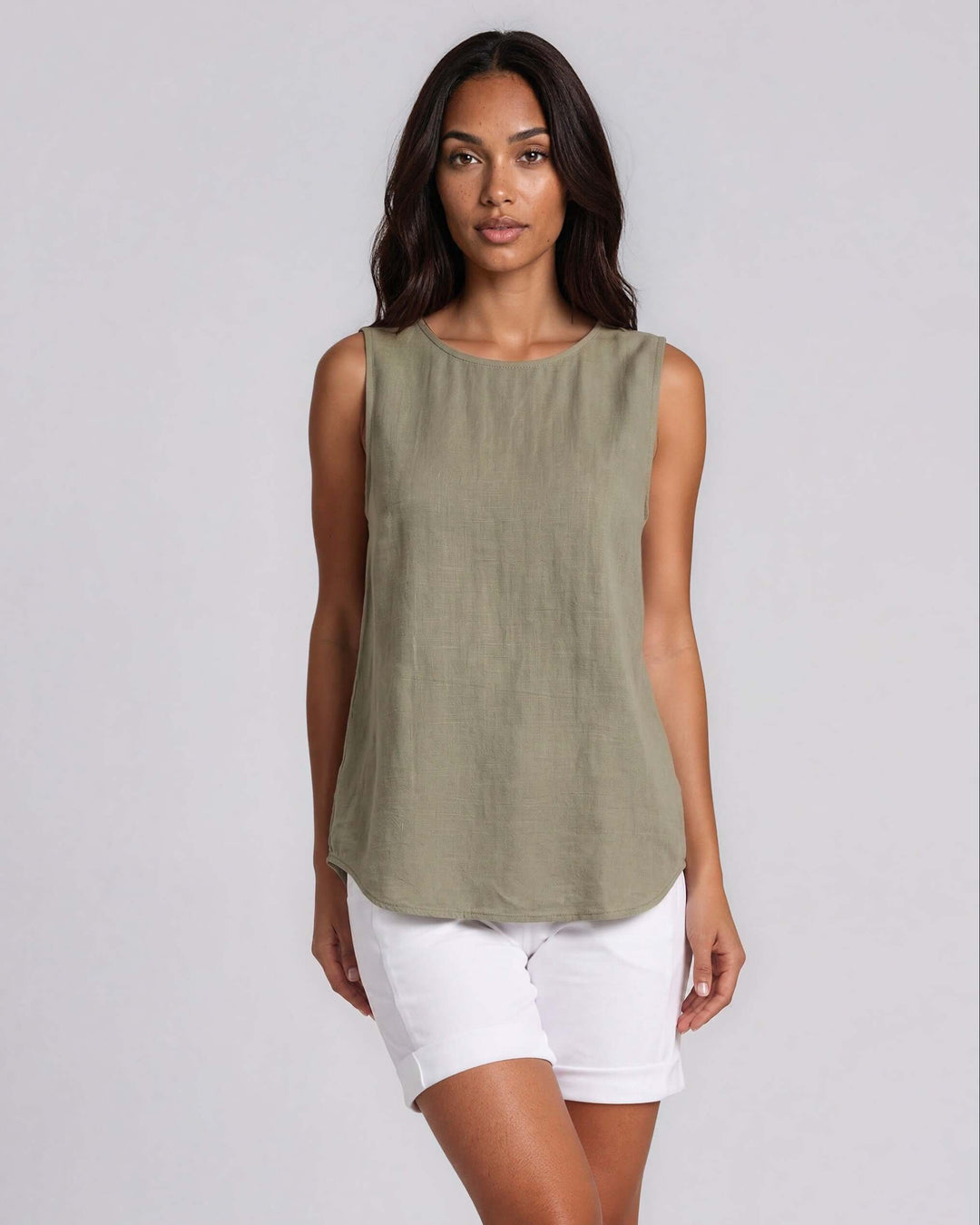 Sage olive sleeveless tank top with a round neckline, relaxed easy fit, and lightweight draping rayon-linen fabric. Made in USA