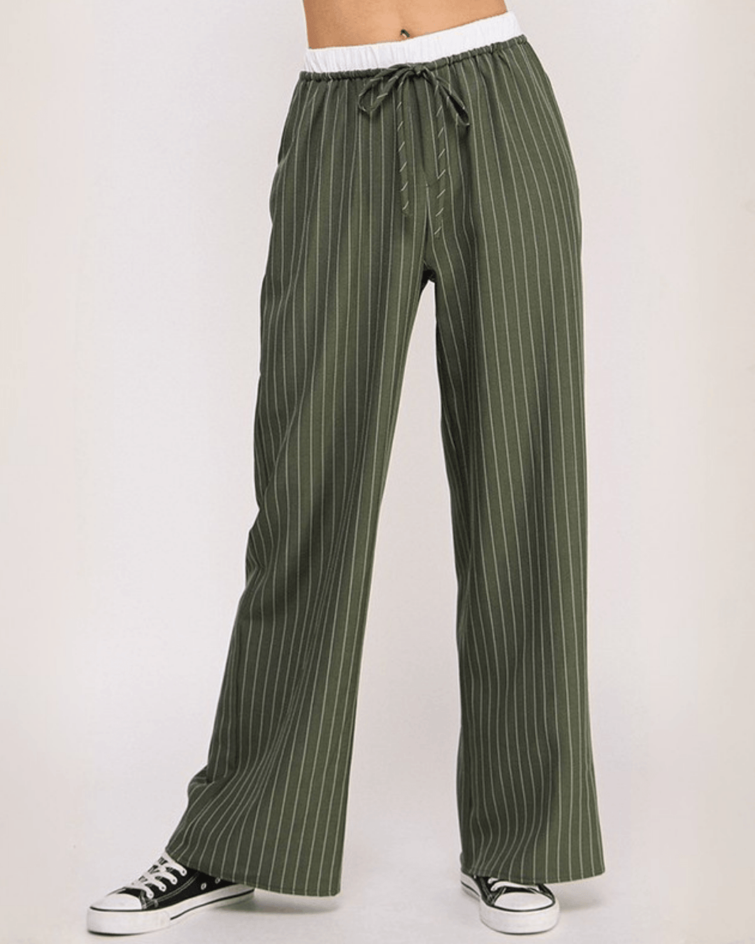 Women's olive pinstripe wide leg pants with white contrast elastic waistband & drawstring. Side pockets, relaxed fit. S–XL. Made in USA. Free shipping may apply.