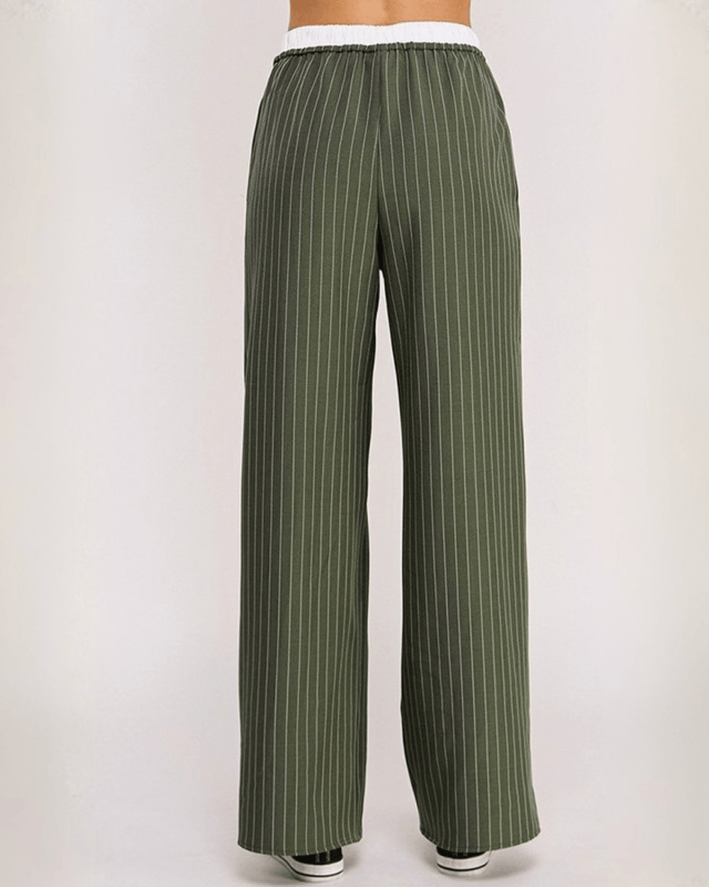 Women's olive pinstripe wide leg pants with white contrast elastic waistband & drawstring. Side pockets, relaxed fit. S–XL. Made in USA. Free shipping may apply.