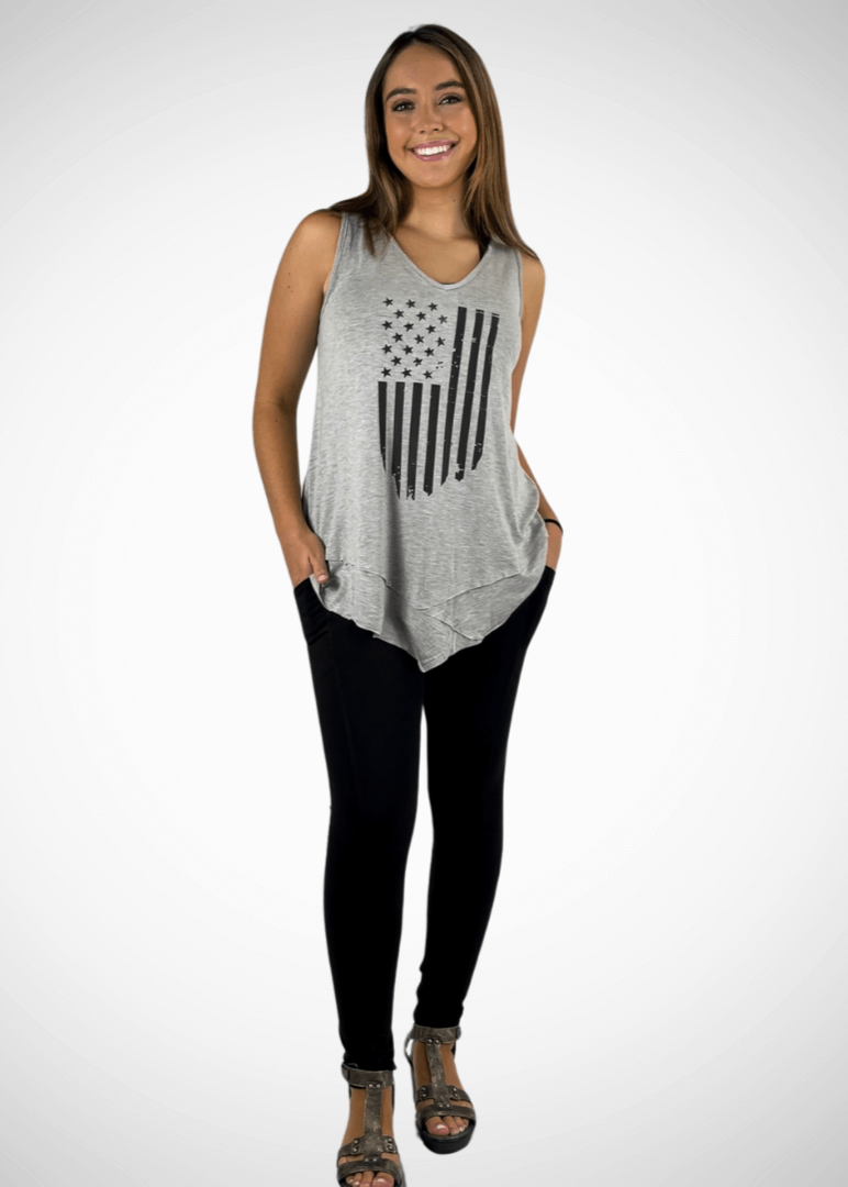 USA Made  American Flag Graphic Ladies Light Heather Grey Sleeveless V-Neck Asymmetrical Top  | Classy Cozy Cool Women&